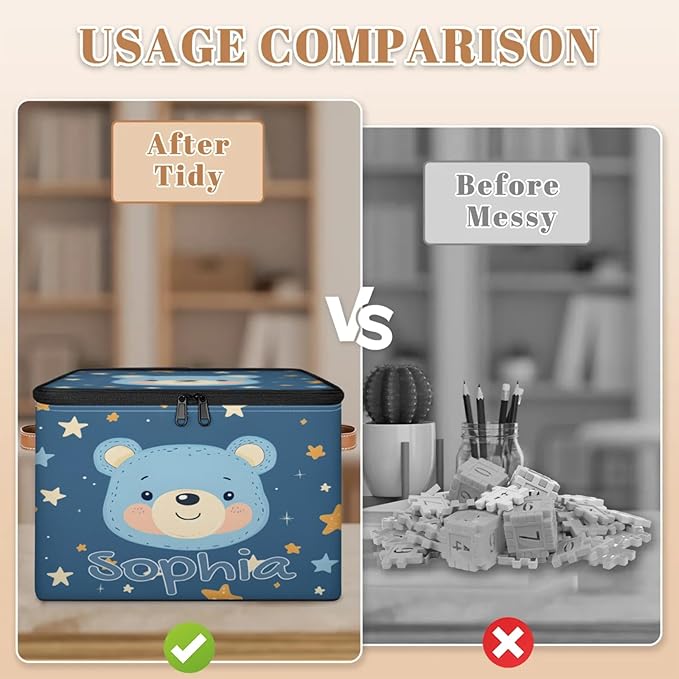 Custom Storage Basket with Name Personalized Storage Bins with Zipper Lid Foldable Fabric Storage Box Large capacity with Handle Star Blue Bear