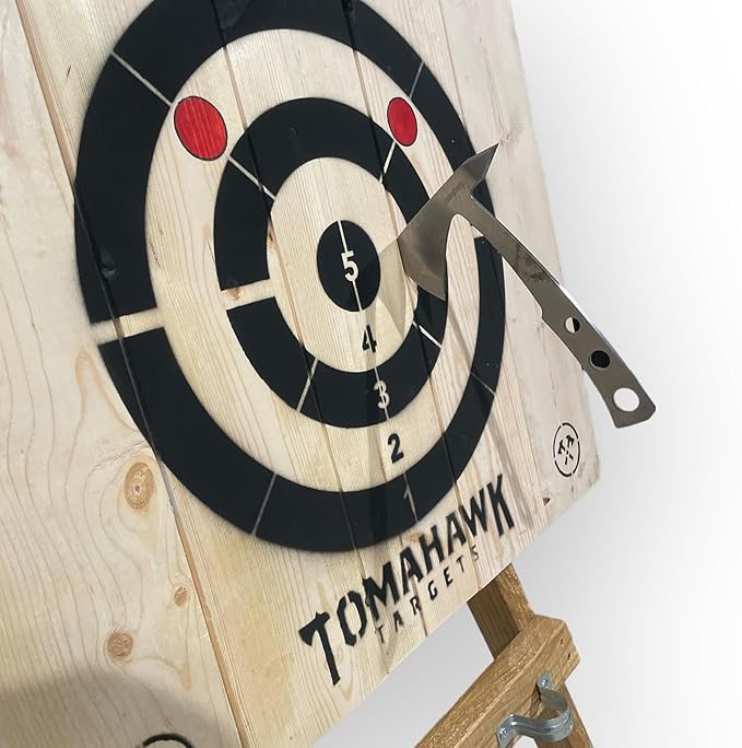 Tomahawk Targets - Large 4 Ring Wooden Axe and Knife Throwing Tripod Target Board and Stand 4ft Tall (Axes not Included)