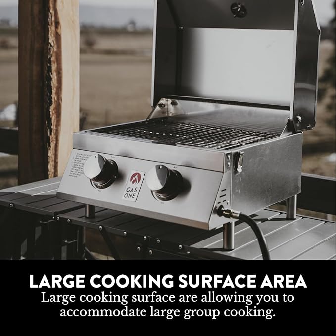 GasOne Portable Propane Grill – 16-inch Stainless Steel Tabletop Grill – Tabletop Gas Grill with Heat Control and Built-In Thermometer – Large Cooking Area – Ideal for Outdoor Camping Travel RV