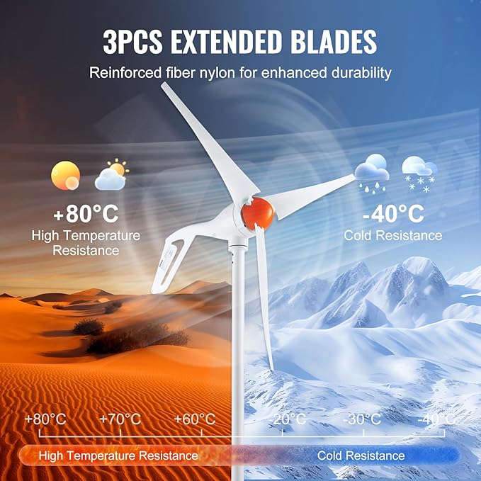VEVOR 500W Wind Turbine Generator 12V Wind Turbine Kit with MPPT Controller 3-Blade Wind Power Generator with Adjustable Windward Direction 2.5m/s Start Wind Speed for RVs Boats Home Farm