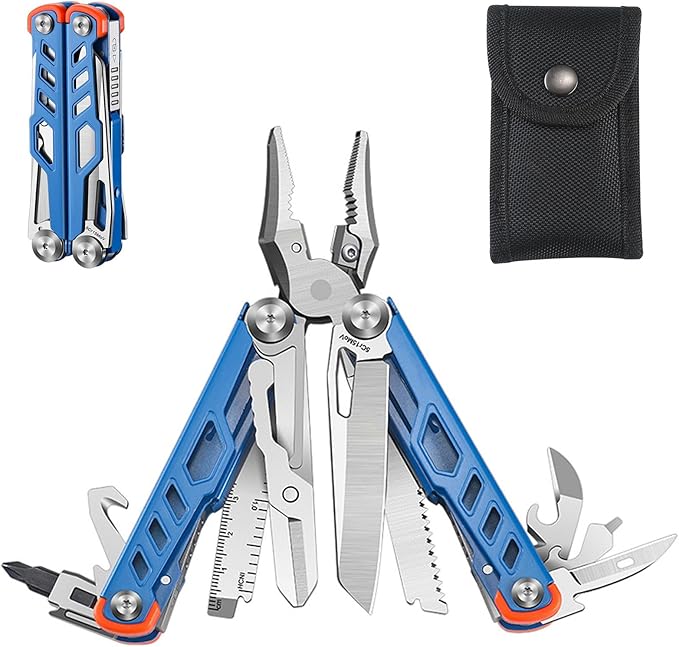 17-in-1 multi-purpose tool pliers multi-purpose EDC tool upgraded stainless steel multi-tool gift for men repair wilderness survival and camping gear hunting and hiking utility knife (blue)
