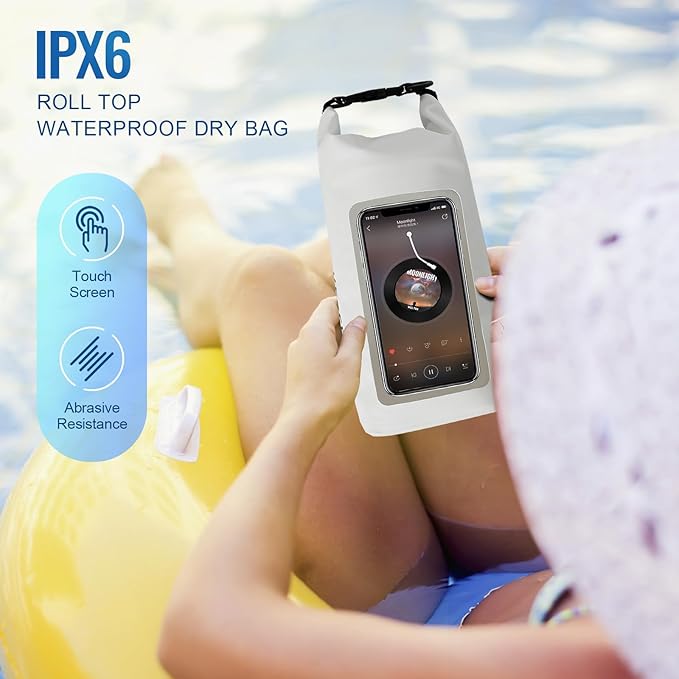 Waterproof Dry BagRoll Top Waterproof Backpack Phone Case Pouch for TravelKayakingRaftingCampingSurfingBoatingHikingBeach and Fishing (2 L White+Black)