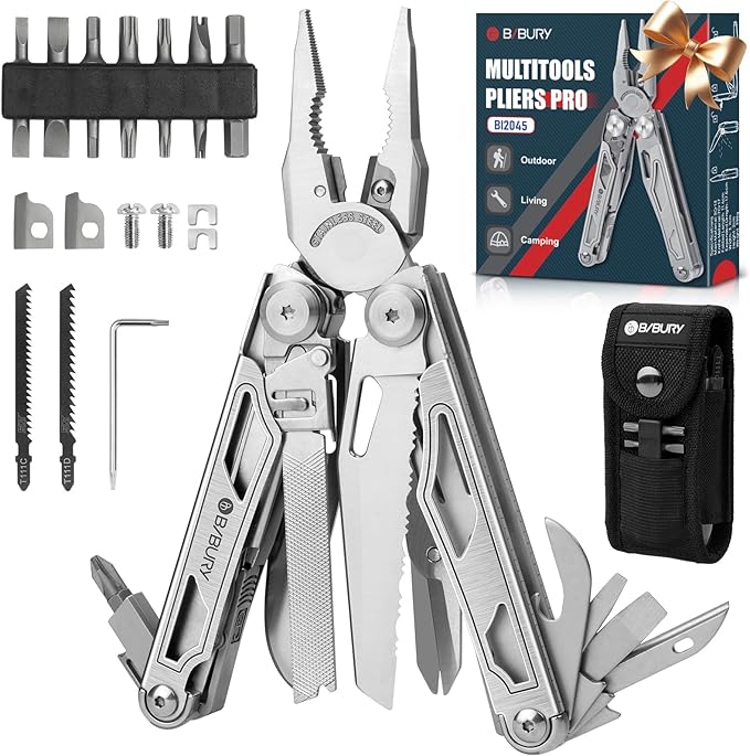 BIBURY Multitool Pliers Pro BI2045 Foldable Multitools with Replaceable Wire Cutters and Saw Stainless Steel Multi Tool w/Upgraded Scissors and Screwdriver Set Ideal for Camping Hiking Survival