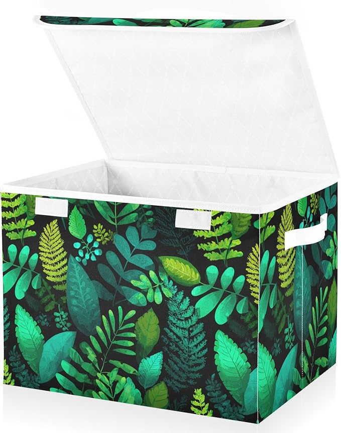 Collapsible Storage Bins with Lids Decorative Fabric Storage Cubes Closet Organizer and Storage Basket Boxes Containers for Clothes Box Chest Nursery Folding Rectangle Dark Green Leaves