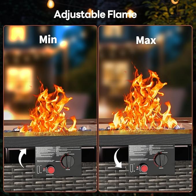 28 Inch Outdoor Propane Fire Pit Table 50000 BTU Square Rattan Propane Fire Pit with Steel Tabletop &amp Removable Lid 4-in-1 Gas FirePit Table with Glass Stones for Patio Backyard