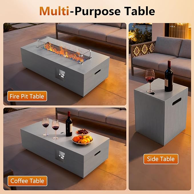 2-Piece 42 Rectangular Propane Fire Pit for Outside Patio with Hidden Tank Table 50000 BTU Fireplaces with Glass Wind Guard Lid Glass Rocks Cover(Light Grey)