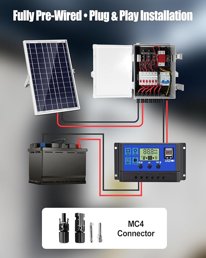Solar Combiner Box 6 Strings with 100A DC Main Circuit Breaker 6×16A PV Breakers 40KA Surge Protector 120A Anti-Backflow Diodes IP65 Waterproof PV Combiner for On/Off-Grid Solar Systems