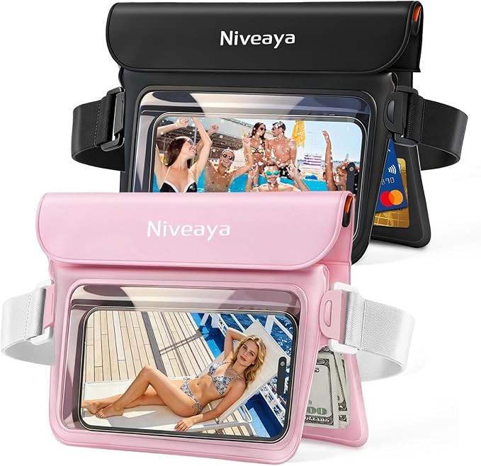 Niveaya Double Space Waterproof Fanny Pack IPX8 Waterproof Dry Bag Waist Pouch for Beach Kayaking Swimming Boat Travel Essentials Waterproof Phone Bag &amp Passport Holder for Women Men(2 Pack)