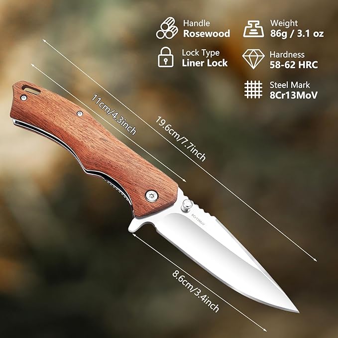 Vickay Pocket Knife for Men 3.4 8Cr13MoV Steel Blade Wood Handle EDC Folding Knife with Liner Lock for Outdoor Camping Tactical Hunting Hiking Survival - Father’s Day Gift