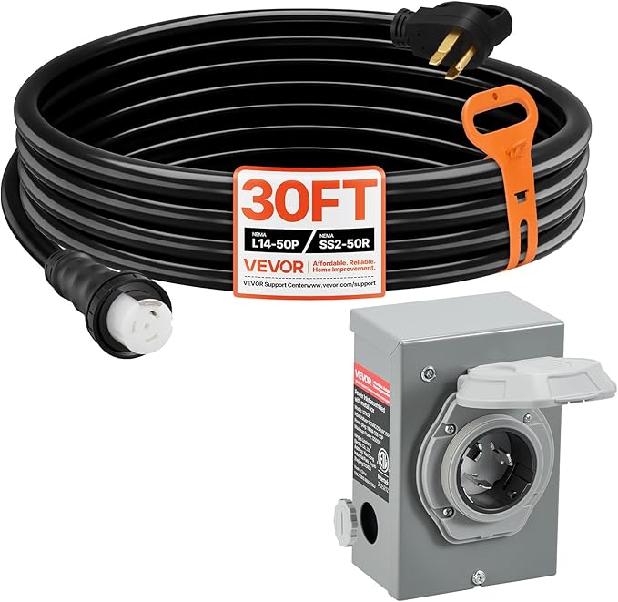 VEVOR 50 Amp Generator Cord and Power Inlet Box 30FT 125V/250V STW 6/3 + 8/1 AWG Extension Power Cord NEMA 14-50P to SS2-50R Twist Lock Connector Inlet Box Kit for Generator to House ETL Listed