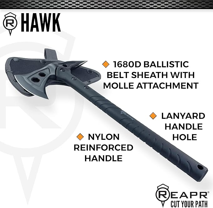Reapr Tactical Hawk 7 Dual-Blade Throwing Axe – Survival Tomahawk with Spike &amp Axe Head Stainless Steel Nylon-Fiberglass Handle Belt Sheath – Camping Hunting Wood Splitting Gift for Outdoor