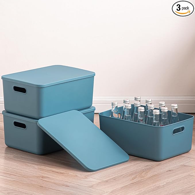 Plastic Storage Bins with lidsStorage BasketsContainer with handleStorage Organizer Bins for ShelvesOfficeBedroomsClosets Cabinets(Blue 3M)