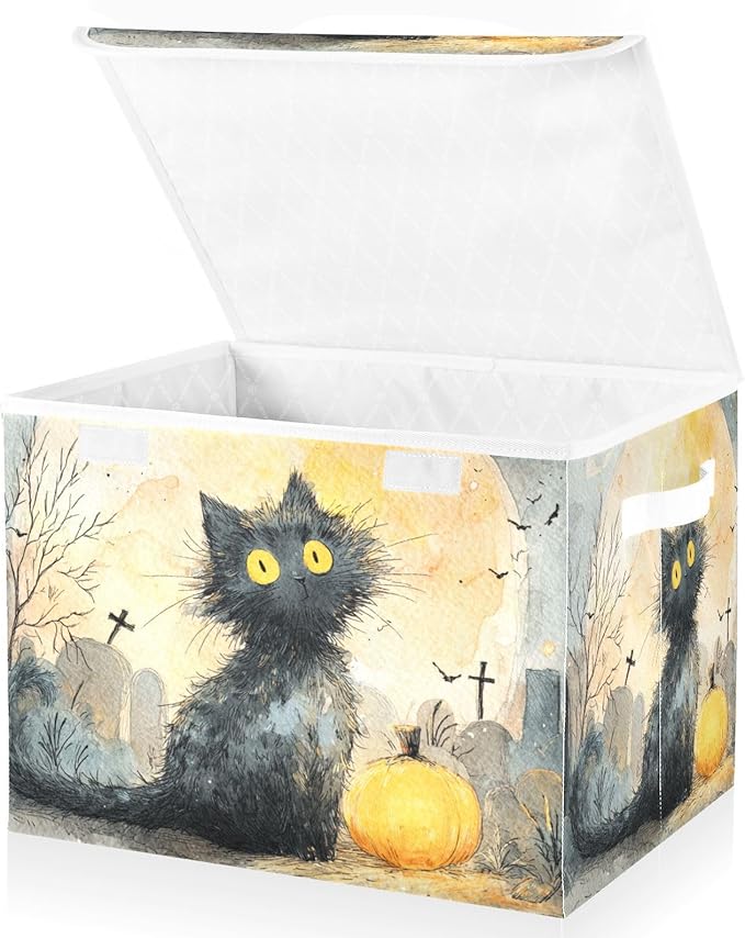 Halloween Cute Cat Storage Box with Lid 1 PC Foldable Storage Bin with Lids Stackable Storage Bins Cube Closet Organizer Basket with Flip-Top Lid &amp Handles for Shoes Books Towels