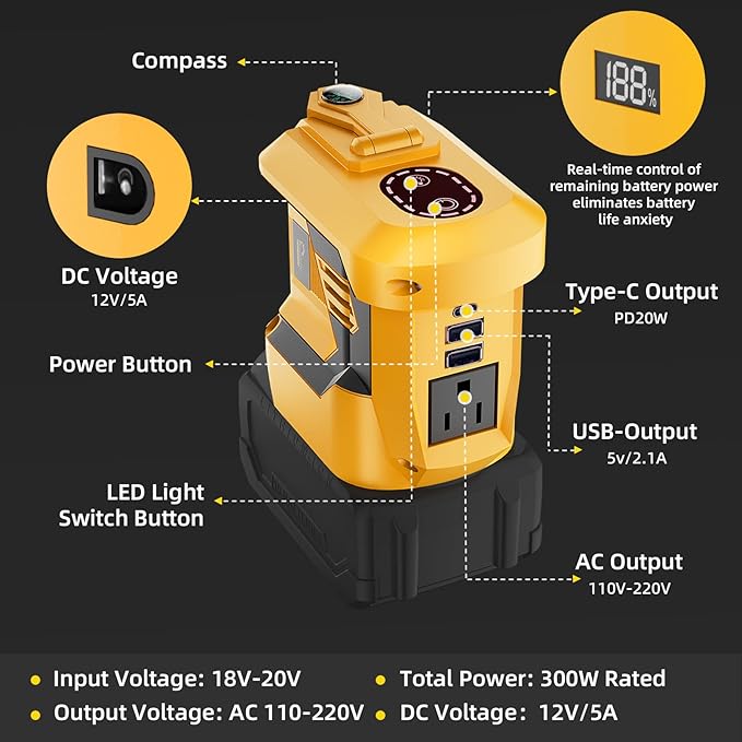 Portable Power Inverter 300WDC 20V to Ac110V-120V Powered Outlet 2 USB Ports 1 Type-C 1 Ac Outlet and Led LightCar Outdoor Camping Dedicated(No Battery-Yellow)