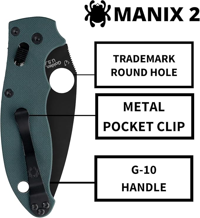 Spyderco Manix 2 Folding Pocket Knife with 3.3 CPM CRU-Wear Steel Blade and G-10 Handle - EDC Knife for Men and Women Perfect for Hunting Tactical Camping Survival - PlainEdge - C101GPFGBK2