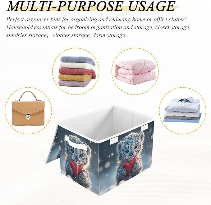 AIXIWAWA Lidded Storage Cube (Snow Leopard Heart) Fabric Foldable Closet Bins with Flip Lid and Handles Organizer Basket Container 16.5 x 12.6 x 11.8 IN