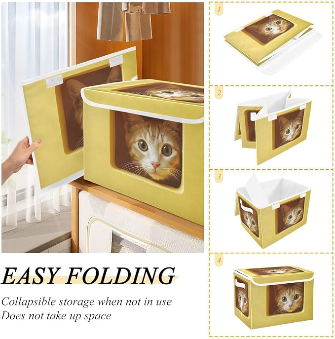 Storage Cube with Lid Curious Cat Print 16.5×12.6×11.8 IN Collapsible Large Capacity Foldable Storage Basket Bin Organizer