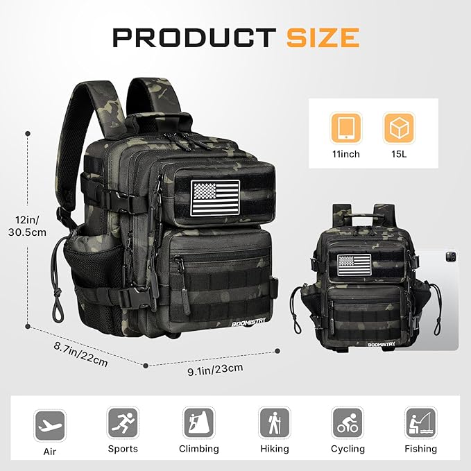 Boomistry 15L Mini Tactical Backpack Small Tactical Backpack for Men and Women Military Backpack for Gym Hiking Daily (Black Camo-15L)