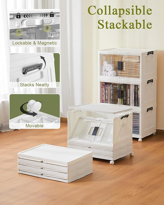 OlarHike 48QT Lockable Storage Bins with Lids - Folding Storage box with Doors and Wheels Collapsible Plastic Storage Bins for Closets Stackable Storage Organizer Storage Containers 4 Pack Cubes
