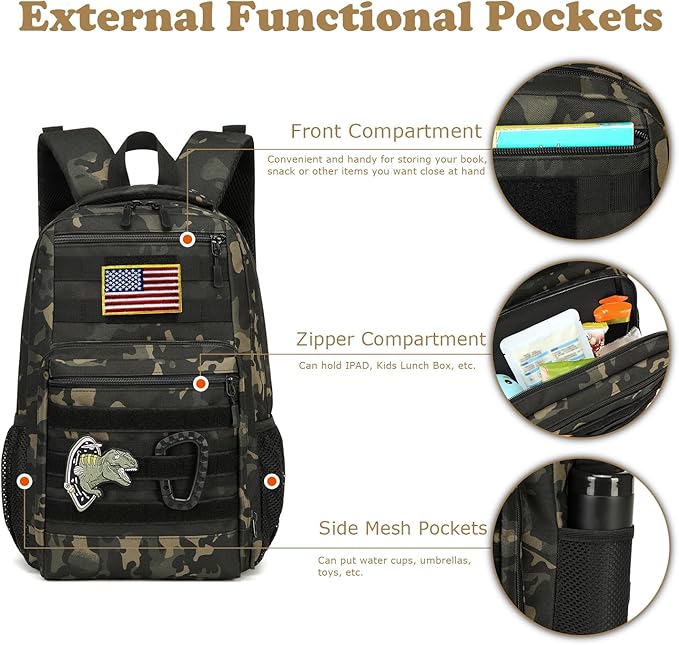 Kids tactical Backpack for Boys School Bag 20L mini Children Backpack for Outdoor Camping Travel (Black CM)