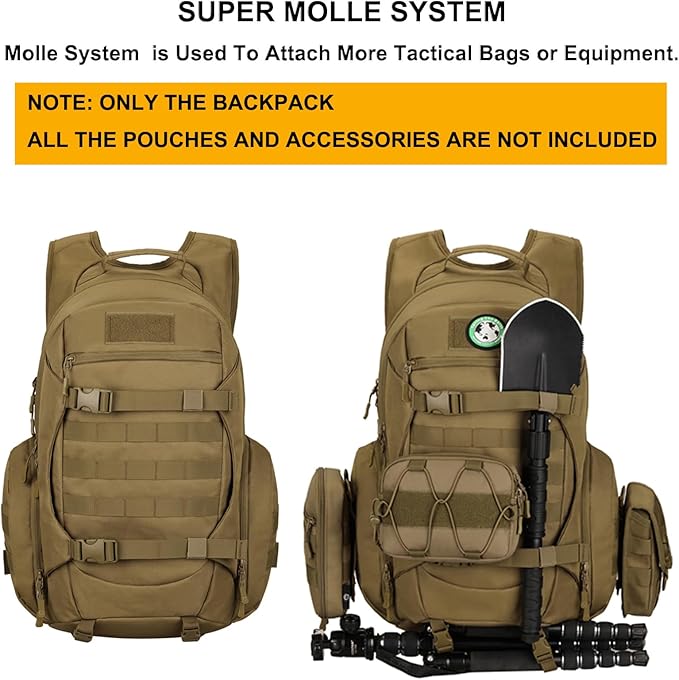 Tactical Travel Backpack Large Military Tactical Assault Pack 3 Day Heavy Duty Camping Rucksack 45L Hiking Bags (Khaki)