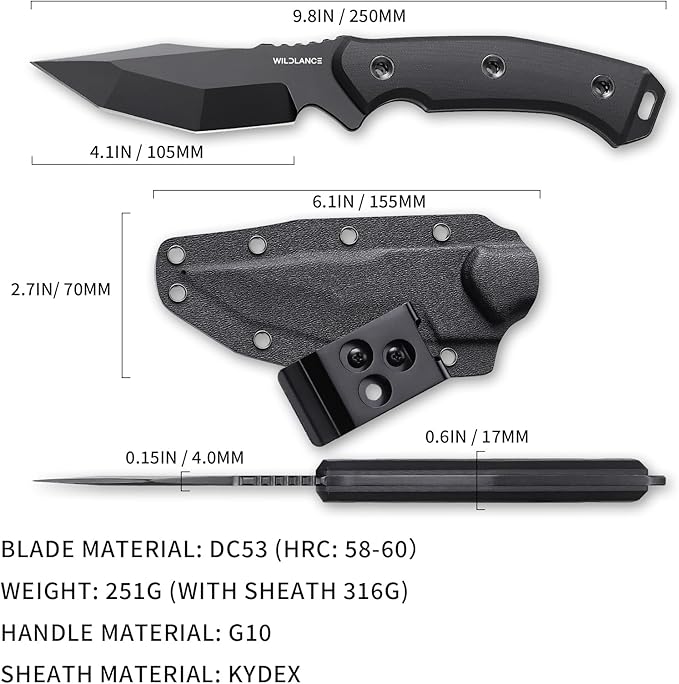 Camping Knife Full Tang 9.8 Hunting Knife with Kydex Sheath 4.1 Fixed Blade DC53 Steel Camping Knives for Hiking Survival Outdoor FBK-001