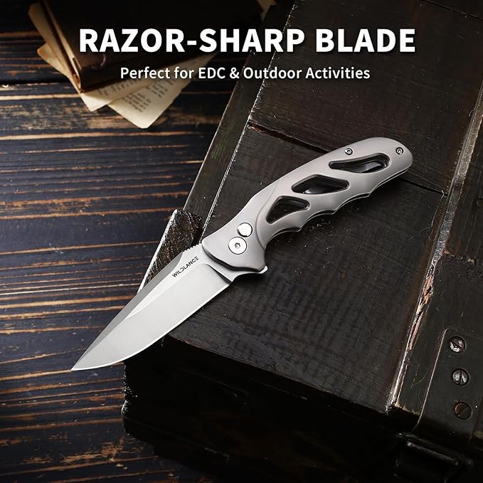 Small EDC Pocket Knife for Men &amp Women - 3 Drop Point D2 Blade Titanium Handle with Button Lock &amp Pocket Clip | Small Slim Cool Folding Knife for Daily Carry Camping Hiking &amp Outdoor Us