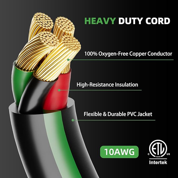 4 Prong 30 Amp Extension Generator Cord 10FT NEMA L14-30P/L14-30R 125/250 Volt Up to 7500 Watts 10 Gauge SJTW Twist Lock Power Cord for Manual Transfer Switch Black&ampGreen ETL Listed