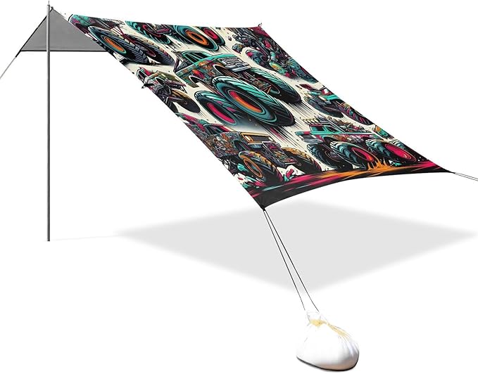 ALAZA Monster Trucks Graffiti Beach Tent Sun Shelter UPF50+ Protection Beach Shade Canopy w/ 4 Sandbags for Outdoor Camping Fishing Backyard Fun Picnic 10x9 ft