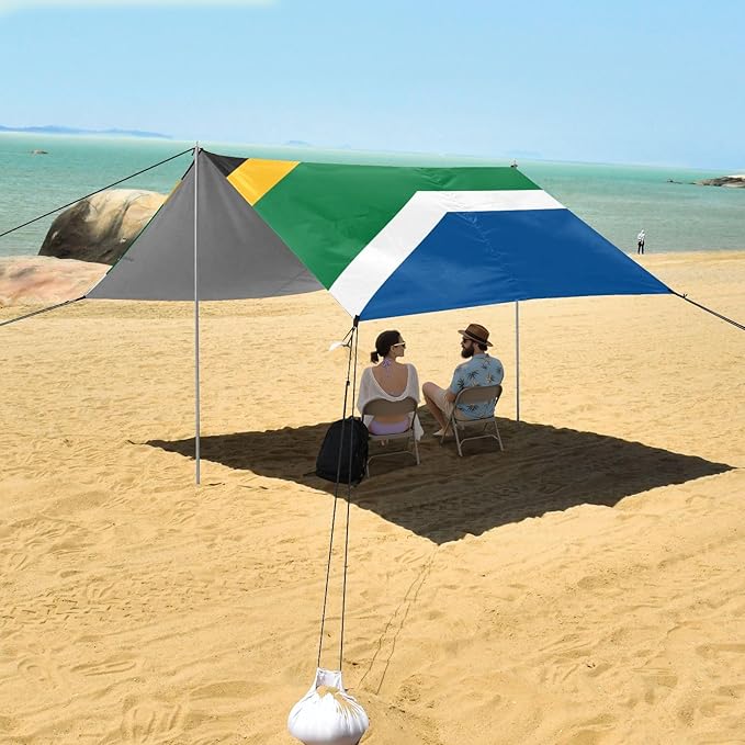 South Africa Flag Beach Canopy UPF50 Easy Setup Large Sun Shelter with Sand Shovel Sandbags for Camping Picnics Backyard &amp Fishing