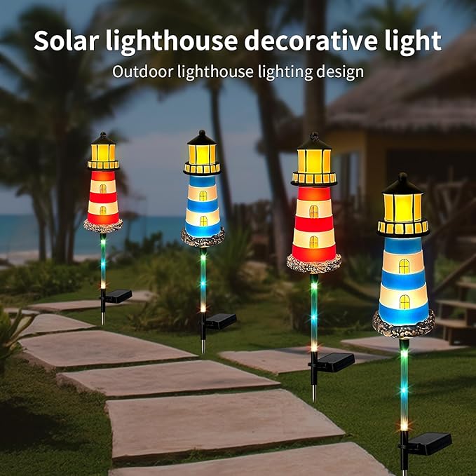 Solar Garden Lights Outdoor Decorations 4 Packs Lighthouse Waterproof Lights walkways Garden Decor for Outside Landscape Light for Yard Patio Pathway Decor Gifts