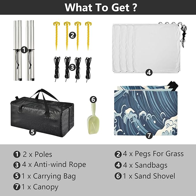 Waves Beach Canopy Sun Shelter with Sandbags &amp Sand Shovel &amp Windproof Ropes - Portable 110x126 Beach Shade Beach Tent for Camping Picnics