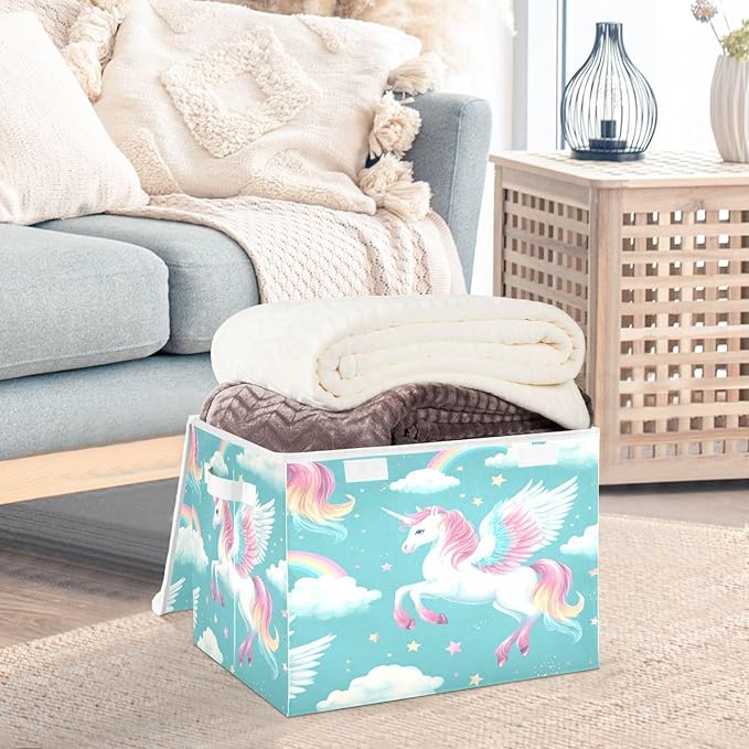 Cartoon Unicorns Rainbow Star Collapsible Storage Bins with Lids Decorative Fabric Cubes Closet Organizer Basket Boxes Containers for Clothes Box Chest Folding Rectangle