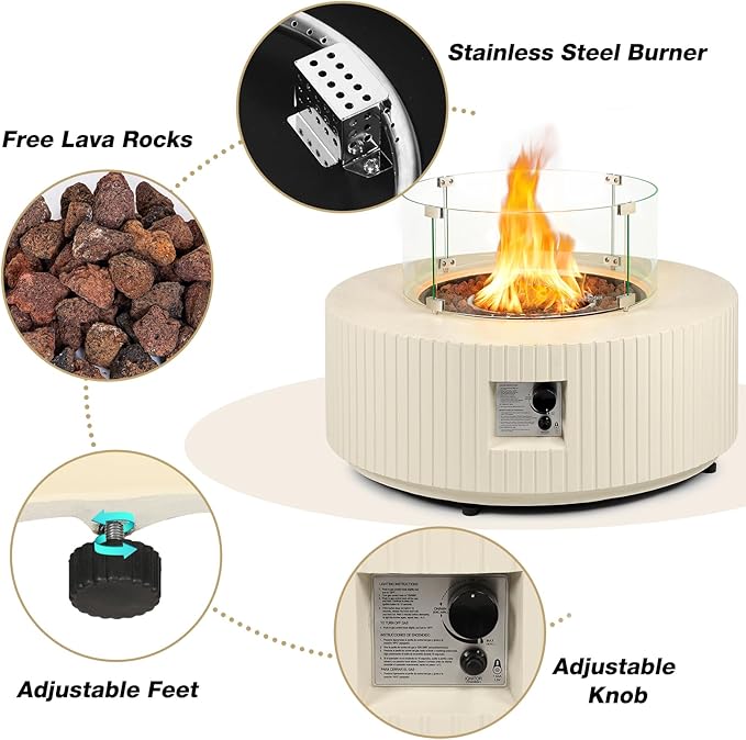 36inch Outdoor Propane Fire Pit Table Set - 3-Piece Round Concrete Natural Gas Firepit with Tank Cover Wind Guard Rain Cover 50000 BTU Modren Fire Table for Outside Patio Backyard - Beige