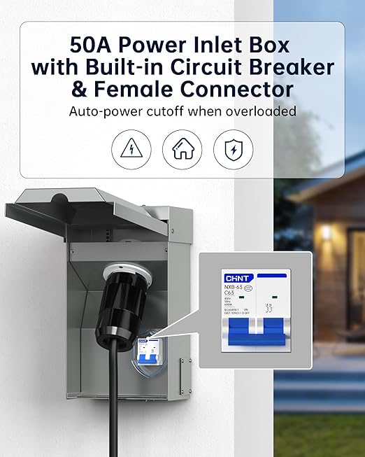 50A Generator Inlet Box &amp Plug with Circuit Breaker Combo - VHBW 50 Amp Power Inlet Box Set 125/250V 12500W Weatherproof/Rainproof ETL Listed