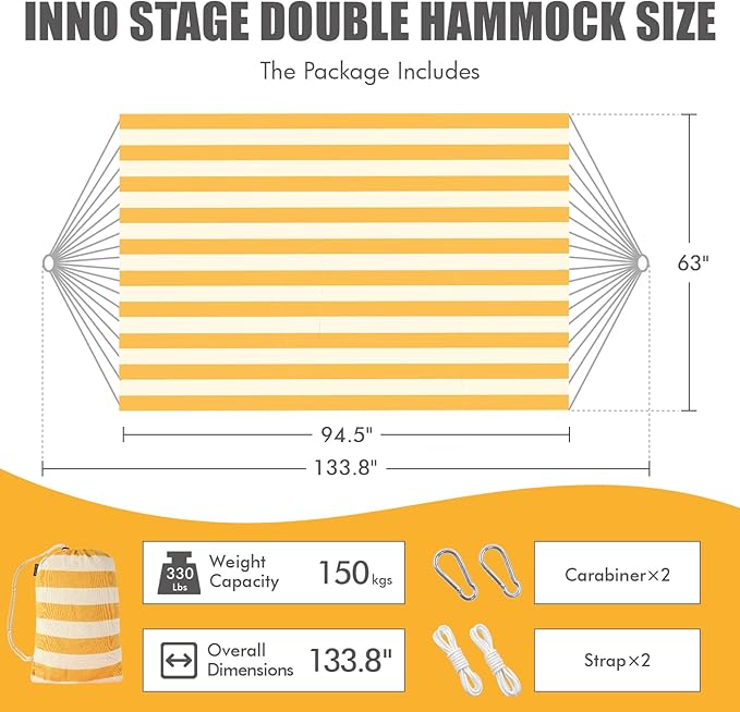 INNO STAGE Brazilian Double Hammocks - Woven Hammock Two Person Hanging Camping Bed for Patio Backyard Porch Outdoor and Indoor Use - Soft Canvas Hammock with Portable Carrying Bag Yellow