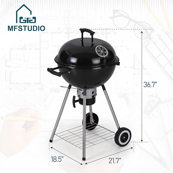 MFSTUDIO 18 Kettle Charcoal Grill Portable Porcelain-Enameled BBQ Grill with Slide Out Ash Catcher for Outdoor Barbecue Cooking Black