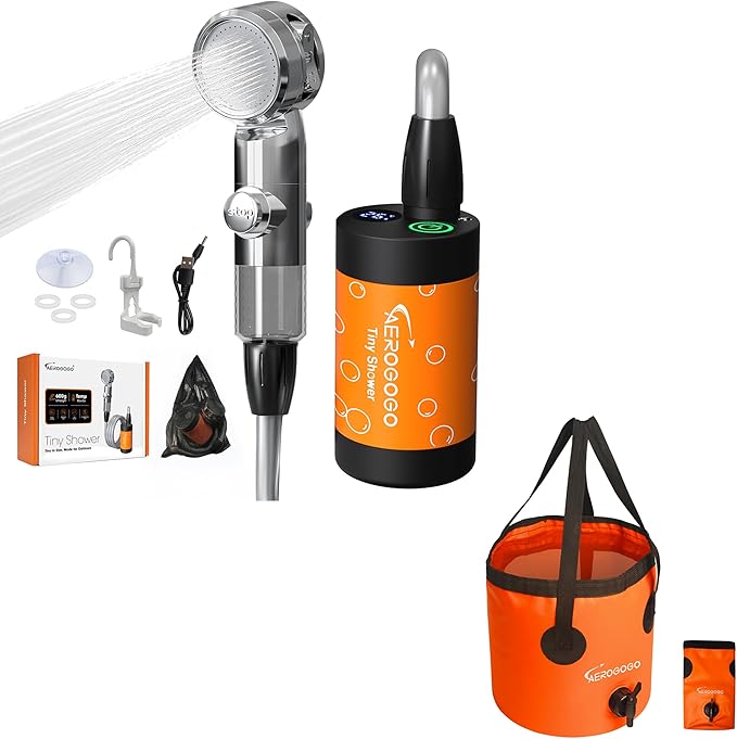 Portable Shower for Camping Rechargeable Shower Pump with LED Display 3-Level Spray Modes Bundled with Collapsible Bucket with Spigot 4 Gallon Portable Foldable Bucket with Handle for Camping