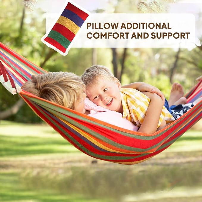 Chihee Cotton Hammock Holds Up to 660lbs Fabric Hammock 8.9x4.9ft Soft Portable Tree Hammocks Camping with Detachable Spreader Bar Pillow 2 Strong Webbings 2 Carabiners Indoor Outdoor Backyard Garden
