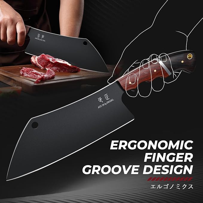 Meat Cleaver Knife 8inch - Black Butcher Knife for Meat Cutting Japanese High Carbon Steel Vegetable Cleaver for Chopping Kitchen Cooking Knife with Wooden Handle Gift for Men