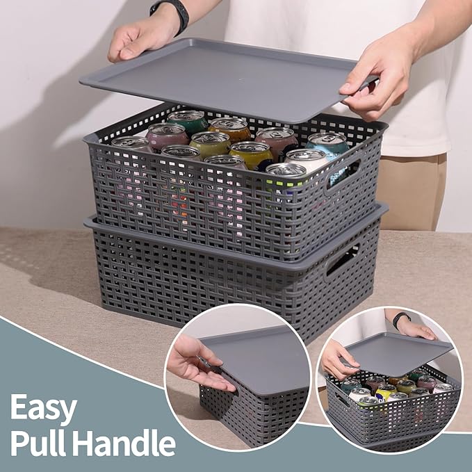 6 Pack Plastic Storage Bins with Lids Stackable Storage Baskets with Handles Plastic Organizer Container Bins for DeskShelvesOffice Pantry Organizers and Storage Grey