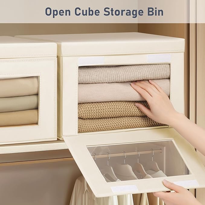 DIMJ Storage Bins with Lids - 5 Pack Large Fabric Closet Organizer with Window &amp Handles Collapsible Decorative Storage Boxes for Shelves Under Bed Books Clothes Blankets Sweaters Organization