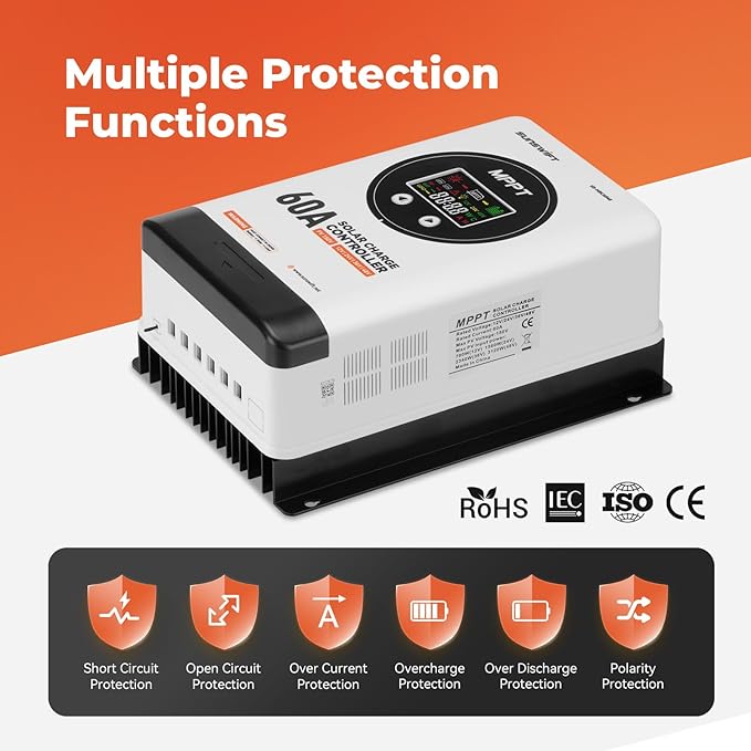 60A MPPT Solar Charge Controller with LCD Display 12V/24V/36V/48V Maximum 150V Input Charge Controllers for Solar Panels Gel AGM FLD and Lithium Battery2-Pack