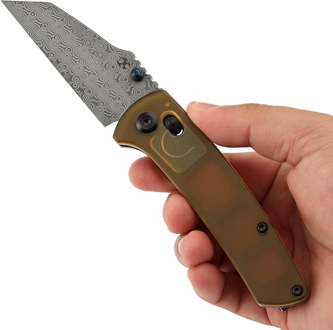 KANSEPT Main Street Pocket Folding Knife 3.36'' Damascus Sharp Blade Yellow PEI Handle with Axis Lock and Thumb Stud Clip for Camping Hiking Fishing Gift Everyday Carry T1015v12