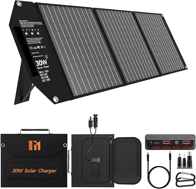 30W Solar Panel Charger Portable Foldable with USB-C &amp USB-A 18V MC4 DC Fast Charging for Backpacking Travel Camping iPhone LG Google Cell Phone Power Bank Generator Power Station