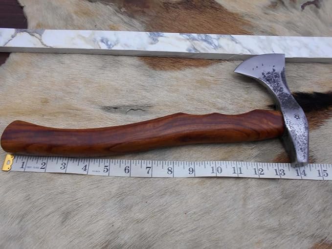 Damascus Depot Camper Axe 14 Inches Long Hand Forged Carbon Steel with Rose Wood Round Handle Bearded Hiking Battle Axe Thick Cow Hide Leather Sheath