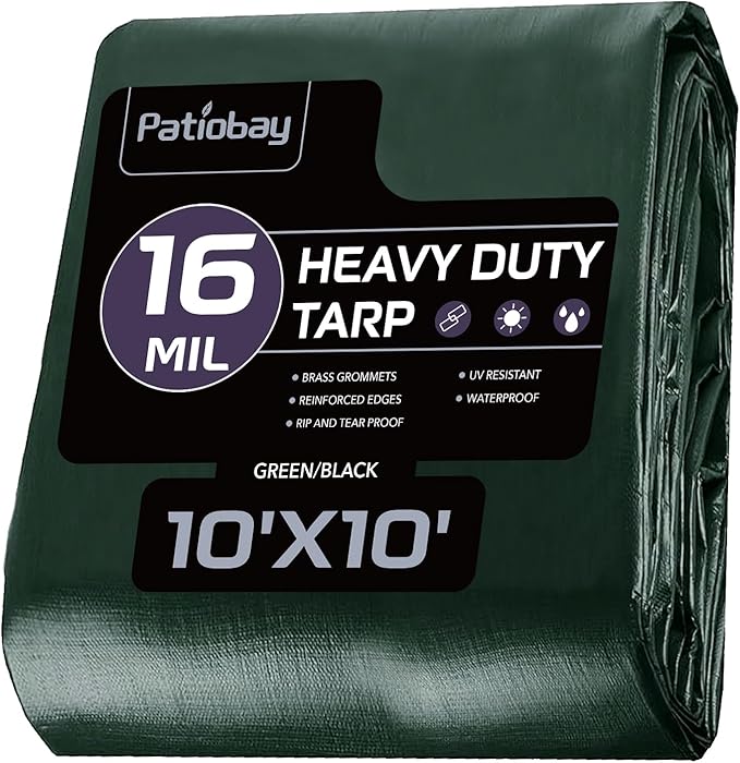 Tarp 10x10 Feet 16 Mil Waterproof Tarps Heavy Duty with Brass Grommets Thick Plastic Tarp UV Resistant Tear&ampFade Resistant Reinforced Edges for Outdoor Pool Car Camp Tent