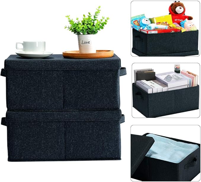 HOONEX Linen Foldable Storage Bins with Lids 2 Pack Storage Boxes with Carrying Handles and Sturdy Heavy Cardboard 16.5 L x 11.8 W x 7.5 H for Shoes Books Clothes Nursery Dark Grey