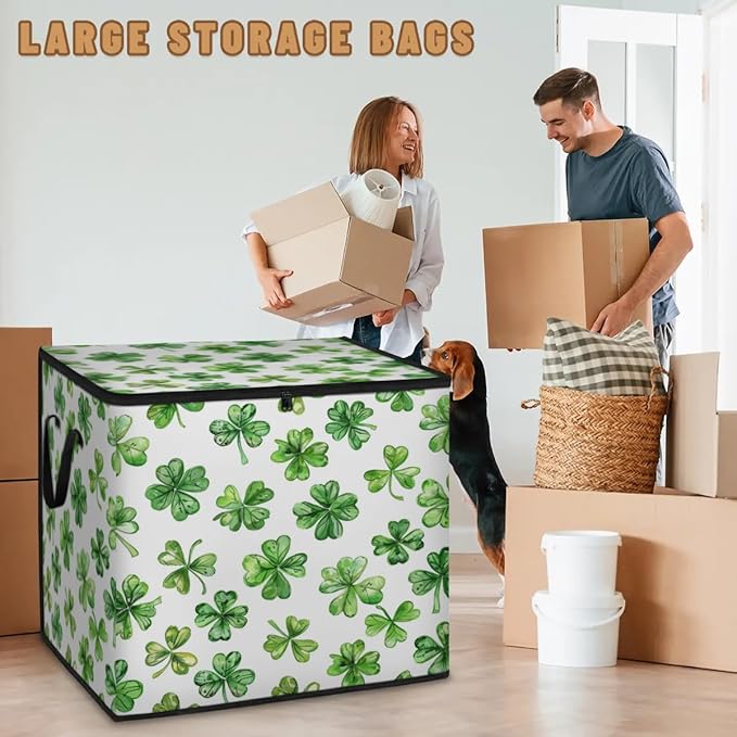 XL Large Clothes Storage with Lid Handle St.patrick's Day Large Thick Clothes Blanket Storage Containers for Organizing Bedroom Closet Comforter Green Shamrock Lucky Clover Leaf