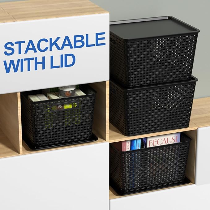 Large Plastic Storage Baskets with Lids Stackable Storage Bin Basket for Organizing Shelves Closet Pantry 14.09 x 11.69 x 8.78 6 Pack Black